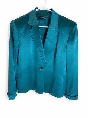 Valerie Stevens Teal 100% Silk Blazer Satin Finish One Button Jacket  Sz. 10
